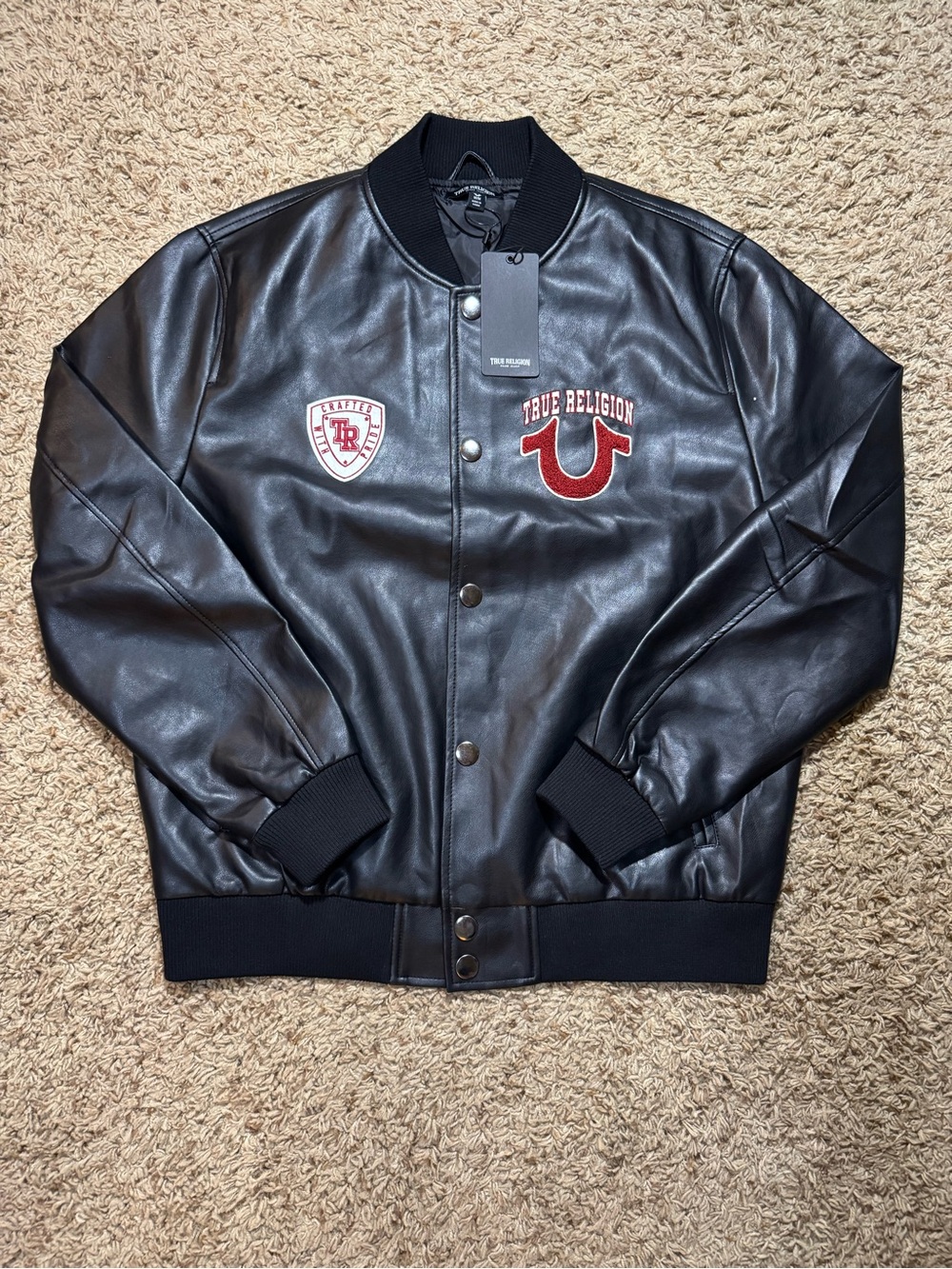 True Religion PU Leather Varsity Jacket Black Red Logo Patch Bomber Men’s M NWT